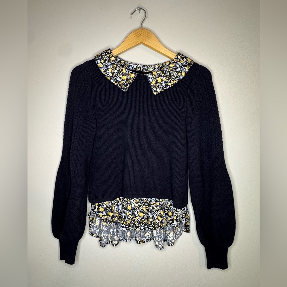 Maeve‎ by Anthropologie Black Knit Sweater Floral Collar XXS